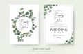 Wedding floral watercolor style double invite, invitation, save the date card design with cute Eucalyptus tree branches with green