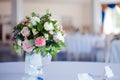 Wedding floristry. Beautiful lush bouquet on the table in restaurant Royalty Free Stock Photo