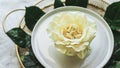 Wedding flower arrangement, white rose on white plate on Golden tray decorated with leaves