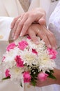 Wedding flower banch with newlyweds hands Royalty Free Stock Photo