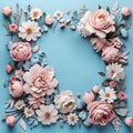 Wedding flower border on blue pastel background top view. Beautiful floral pattern. Flat lay style. Woman or mother day greeting Royalty Free Stock Photo