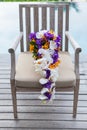 Wedding Flower on the chair around the terrace near by swiming pool Royalty Free Stock Photo