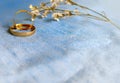 inspirational image of couple's rings with flower and denim jeans colour background