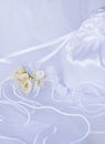 Wedding flowers and bridal bag over veil Royalty Free Stock Photo