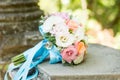 Wedding flowers, bridal bouquet closeup. Decoration made of roses, peonies and decorative plants, close-up, selective focus, Royalty Free Stock Photo