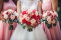 Wedding flowers, bride and bridesmaids holding their bouquets at wedding day Royalty Free Stock Photo