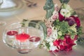 Wedding flowers decoration. Wedding decoration with bridal bouquet closeup.