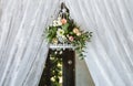 Wedding flowers decoration. Marriage celebration. White satin lace