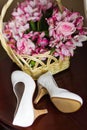Wedding flowers and shoes Royalty Free Stock Photo