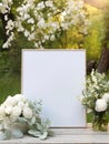 Wedding frame with white flower  and blank space of board Royalty Free Stock Photo