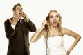 Wedding fury couple phone yelling, relationship difficulties Royalty Free Stock Photo