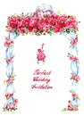 Wedding gazebo decorated with red roses and two kissing pigeons on the top, handwritten inscription Royalty Free Stock Photo