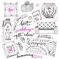 Wedding gift ideas set. Cartoon doodle illustration for wedding wishlist
