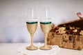 Wedding glasses decorated with cord, beautiful green ribbon on wedding glasses, handmade wedding glasses