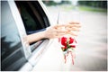 Wedding glasses in the hands with rings Royalty Free Stock Photo