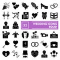 Wedding glyph icon set, love symbols collection, vector sketches, logo illustrations, marriage signs solid pictograms