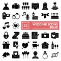Wedding glyph icon set, love symbols collection, vector sketches, logo illustrations, marriage signs solid pictograms