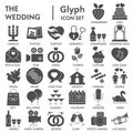 Wedding glyph SIGNED icon set, love symbols collection, vector sketches, logo illustrations, celebration signs solid Royalty Free Stock Photo