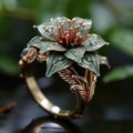 gold ring decorated with crystal and lily on a natural background of nature
