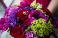 Wedding gold rings on a bouquet of flowers Royalty Free Stock Photo