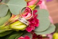 wedding gold rings of the bride and groom lie on the background of a bouquet of flowers of the bride, gold rings Royalty Free Stock Photo