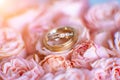 Wedding gold rings with diamonds on pink roses close-up Royalty Free Stock Photo