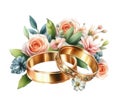 Wedding gold rings and flowers. Watercolor illustration isolated Royalty Free Stock Photo