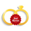 Wedding gold rings. Just married label. Royalty Free Stock Photo
