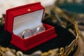 Wedding golden rings bands in a red velvet box in the center of a golden crown. Royalty Free Stock Photo