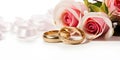 Wedding golden rings pastel lilac roses white background Royalty Free Stock Photo