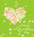 Wedding green card with pink and white daisy bouquet with heart shape, wishes and rings Royalty Free Stock Photo