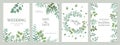 Wedding greenery posters. Elegant floral frames, rustic vintage borders of branches and leaves. Vector trendy fashion