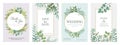 Wedding greenery posters. Floral green invitation cards with rustic garden branches and leaves. Vector trendy eucalyptus