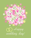 Wedding greeting card with beautiful bouquet with daisy, pink hearts and wedding rings