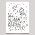 Wedding greeting card with bride and groom, wedding cake, champagne, flowers and wedding rings. Clip art set black and white weddi