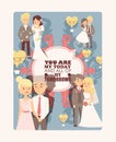 Wedding greeting card template, vector illustration. Happy newlywed couple, bride and groom. Typography poster in flat Royalty Free Stock Photo