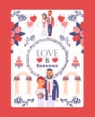 Wedding greeting card template, vector illustration. Typography poster love is forever. Flat style design icons and