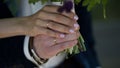 Wedding, hands of the newlyweds with rings on their fingers Royalty Free Stock Photo