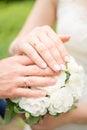 Wedding hands and rings on bride`s bouquet. declaration of love. Wedding background, day details Royalty Free Stock Photo