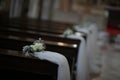 Wedding, happiness in a church bouquet of flowers white roses focused arrangement Royalty Free Stock Photo