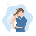 Wedding happy couple of bride and groom holding each other. Just married wife in white dress and husband in blue suit Royalty Free Stock Photo