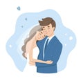 Wedding happy couple of bride and groom holding each other. Just married wife in white dress and husband in blue suit Royalty Free Stock Photo