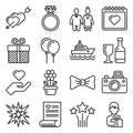 Wedding and Honeymoon Icons Set on White Background. Line Style Vector