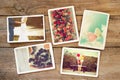 Wedding and honeymoon instant photo album on wood table. Royalty Free Stock Photo