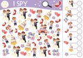 Wedding I spy game for kids. Searching and counting activity with symbols. Marriage ceremony printable worksheet. Simple spotting