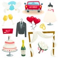 Wedding icons set, collection of design elements, cartoon vector illustration