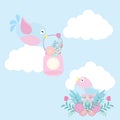 Wedding illustration with cute bird bring flowers on the sky suitable for wedding invitation card, postcard, and wallpaper Royalty Free Stock Photo