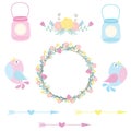 Wedding illustration with cute birds, flowers and bottles suitable for wedding sticker set and clip art