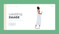Wedding Image Landing Page Template. Stylish Bride in Elegant Dress and Hairstyle Holding Bouquet Rear View