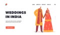 Wedding in India Landing Page Template. Newlywed Indian Man and Woman Wear Gold and Red Festive Dresses